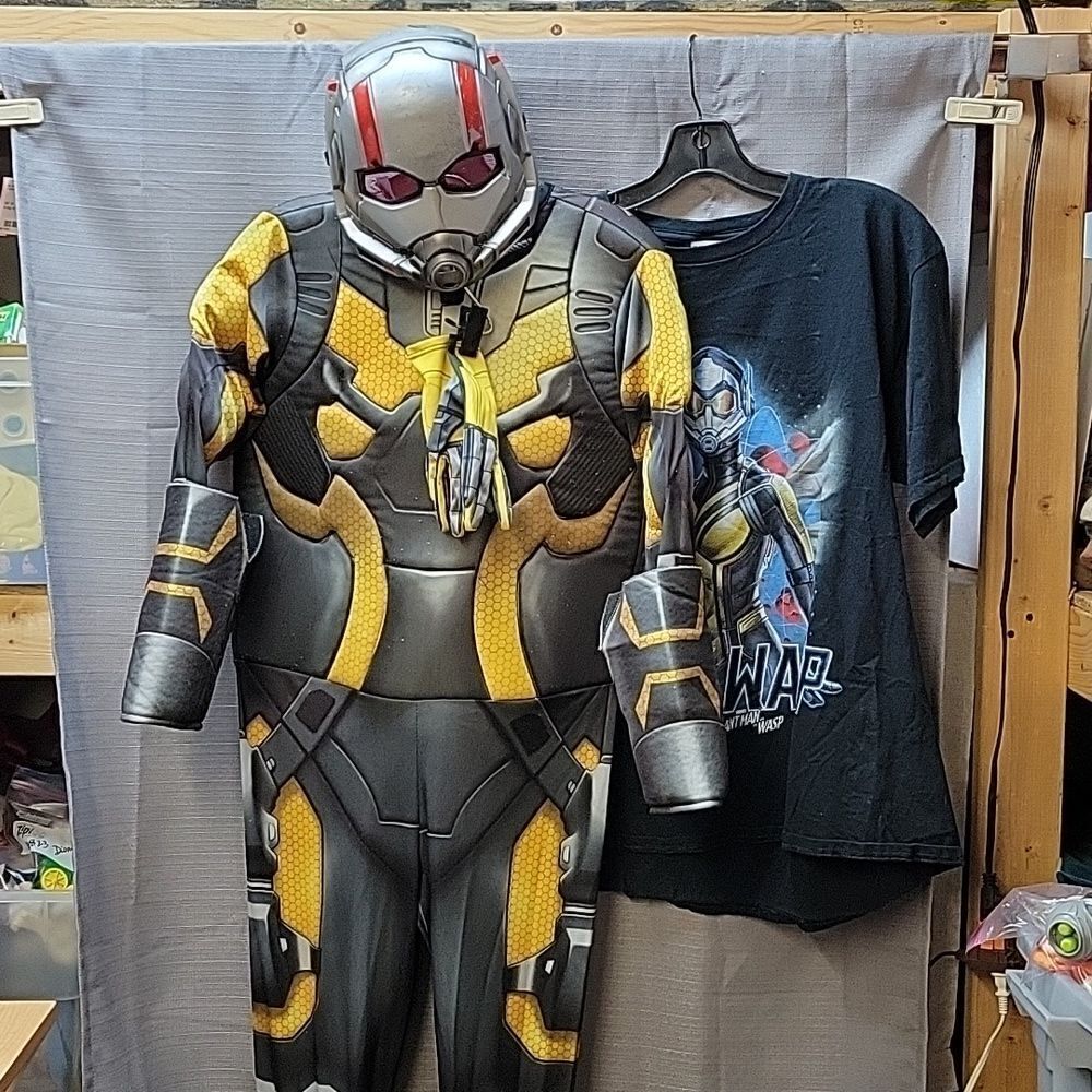 The Wasp/Antman costume, mask, gloves and tshirt. Child's Large 12-14